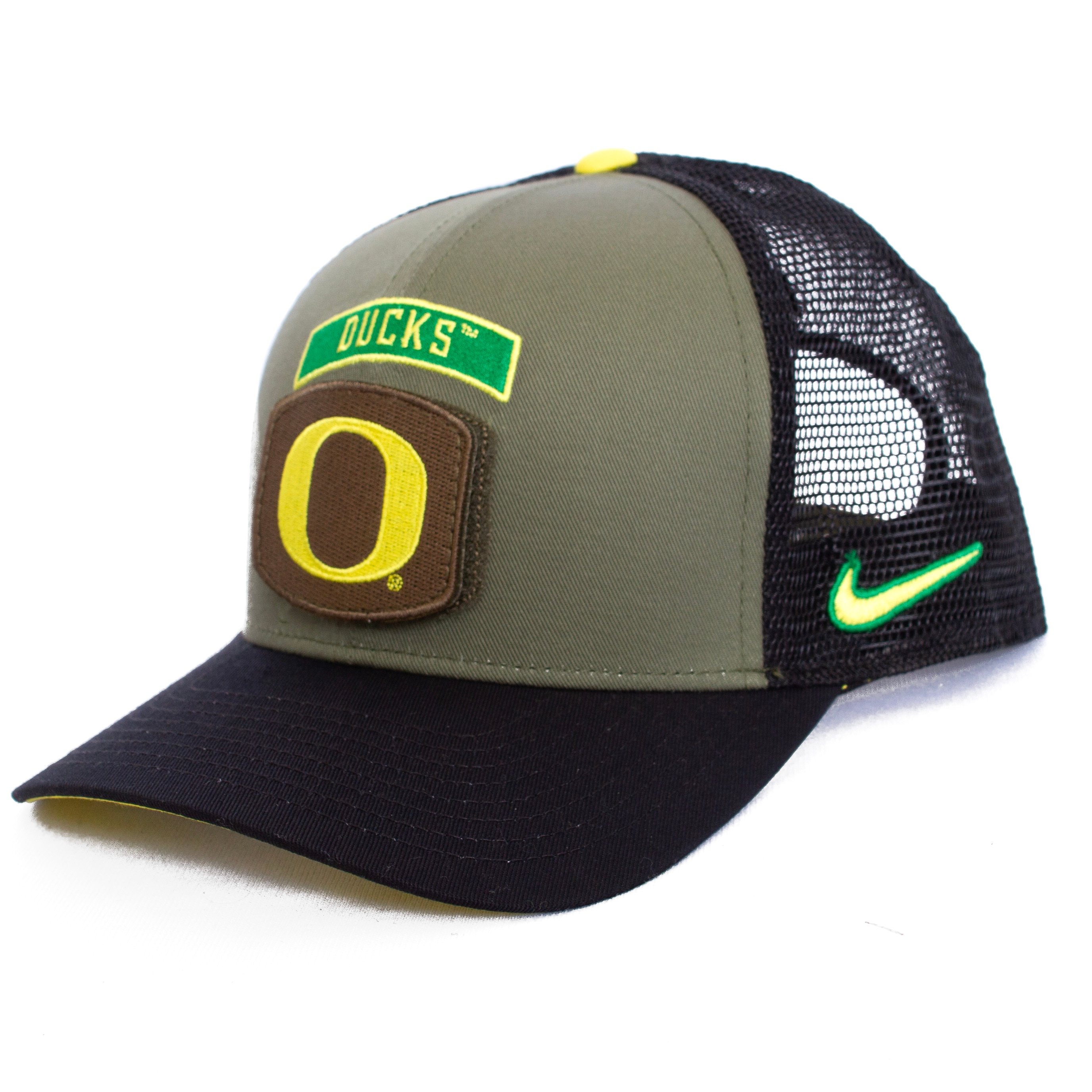 Classic Oregon O, Nike, Green, Trucker, Cotton Blend, Accessories, Unisex, Mesh, Structured, Military, Adjustable, Hat, 812084